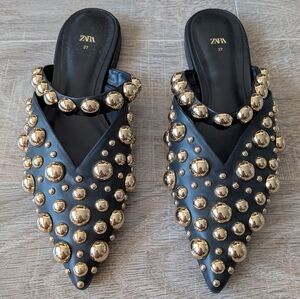Zara Black Gold Tone Studded Vegan Slip On Shoes Mules Size 37